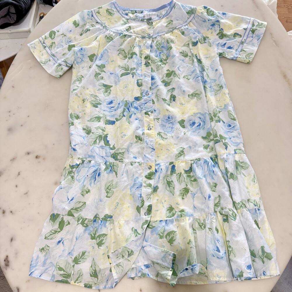 Leisure Life L House Dress Blue Yellow Floral Night Gown Ruffle Lounge Sleepwear